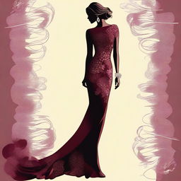 A digital art image of an attractive woman donning a chic burgundy dress that flatters her silhouette