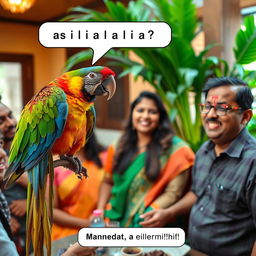 A vibrant, colorful parrot perched on a branch, surprising a group of guests with a humorous quip in Hindi, saying, "चाय लाऊं या खुद बना लोगे?" The scene captures the guests in a moment of joy, laughing loudly, while one man named Ramesh looks both embarrassed and amused, his expression reflecting a mix of shock and delight
