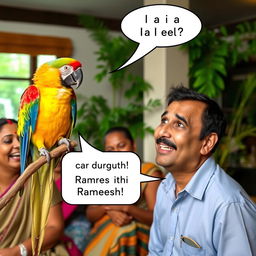 A vibrant, colorful parrot perched on a branch, surprising a group of guests with a humorous quip in Hindi, saying, "चाय लाऊं या खुद बना लोगे?" The scene captures the guests in a moment of joy, laughing loudly, while one man named Ramesh looks both embarrassed and amused, his expression reflecting a mix of shock and delight