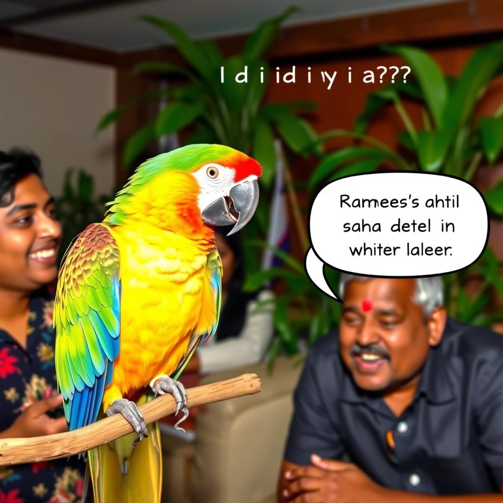 A vibrant, colorful parrot perched on a branch, surprising a group of guests with a humorous quip in Hindi, saying, "चाय लाऊं या खुद बना लोगे?" The scene captures the guests in a moment of joy, laughing loudly, while one man named Ramesh looks both embarrassed and amused, his expression reflecting a mix of shock and delight