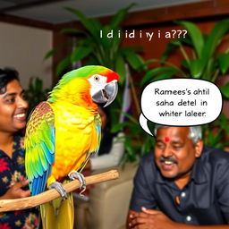 A vibrant, colorful parrot perched on a branch, surprising a group of guests with a humorous quip in Hindi, saying, "चाय लाऊं या खुद बना लोगे?" The scene captures the guests in a moment of joy, laughing loudly, while one man named Ramesh looks both embarrassed and amused, his expression reflecting a mix of shock and delight