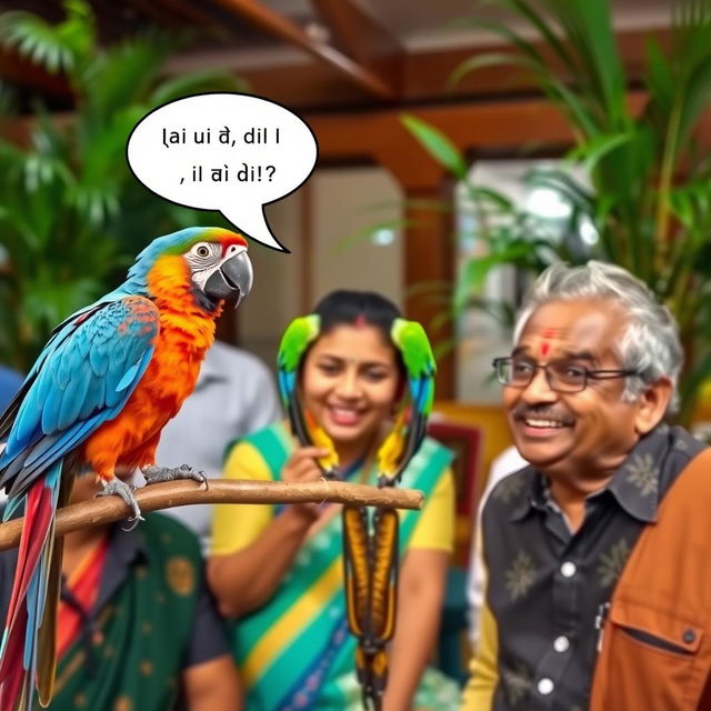 A vibrant, colorful parrot perched on a branch, surprising a group of guests with a humorous quip in Hindi, saying, "चाय लाऊं या खुद बना लोगे?" The scene captures the guests in a moment of joy, laughing loudly, while one man named Ramesh looks both embarrassed and amused, his expression reflecting a mix of shock and delight