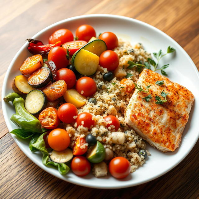 A healthy, modern European plate featuring a vibrant assortment of vegetables such as roasted bell peppers, zucchini, and cherry tomatoes, paired with quinoa and a light drizzle of olive oil