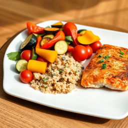 A healthy, modern European plate featuring a vibrant assortment of vegetables such as roasted bell peppers, zucchini, and cherry tomatoes, paired with quinoa and a light drizzle of olive oil