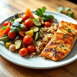 A healthy, modern European plate featuring a vibrant assortment of vegetables such as roasted bell peppers, zucchini, and cherry tomatoes, paired with quinoa and a light drizzle of olive oil