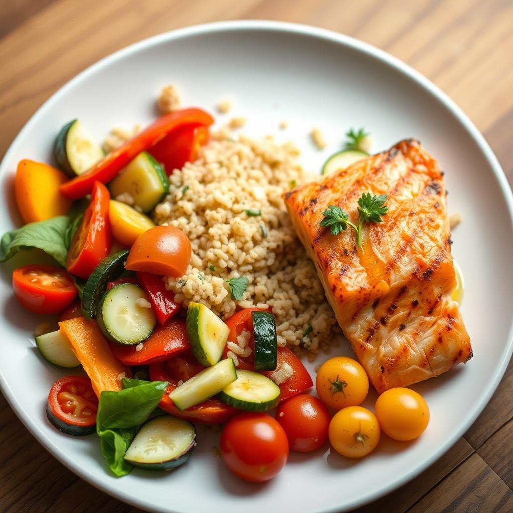 A healthy, modern European plate featuring a vibrant assortment of vegetables such as roasted bell peppers, zucchini, and cherry tomatoes, paired with quinoa and a light drizzle of olive oil