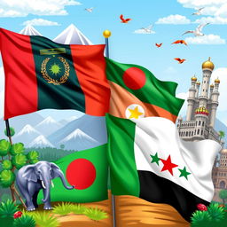 A vibrant and colorful artistic representation of flags from four different countries: Afghanistan 🇦🇫, Sri Lanka 🇱🇰, Bangladesh 🇧🇩, and Syria 🇸🇾