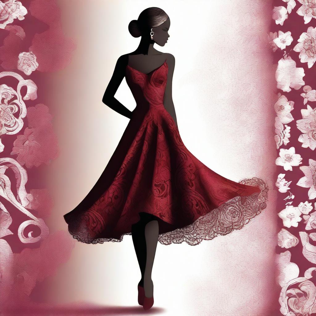 A digital art image of an attractive woman donning a chic burgundy dress that flatters her silhouette