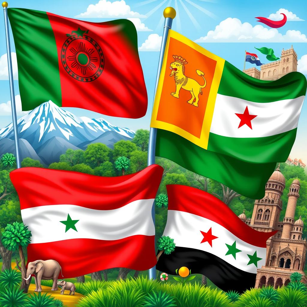 A vibrant and colorful artistic representation of flags from four different countries: Afghanistan 🇦🇫, Sri Lanka 🇱🇰, Bangladesh 🇧🇩, and Syria 🇸🇾