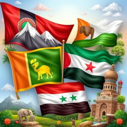 A vibrant and colorful artistic representation of flags from four different countries: Afghanistan 🇦🇫, Sri Lanka 🇱🇰, Bangladesh 🇧🇩, and Syria 🇸🇾