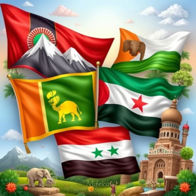 A vibrant and colorful artistic representation of flags from four different countries: Afghanistan 🇦🇫, Sri Lanka 🇱🇰, Bangladesh 🇧🇩, and Syria 🇸🇾