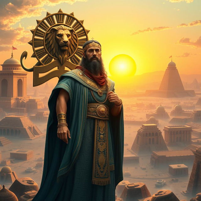 A majestic and powerful depiction of Cyrus the Great, the ancient Persian king, standing tall in royal attire with intricate patterns and gold embellishments