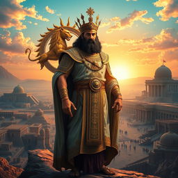 A majestic and powerful depiction of Cyrus the Great, the ancient Persian king, standing tall in royal attire with intricate patterns and gold embellishments