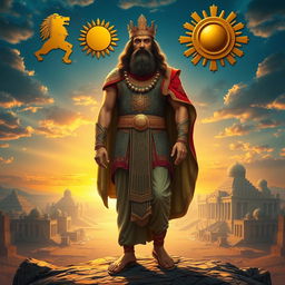 A majestic and powerful depiction of Cyrus the Great, the ancient Persian king, standing tall in royal attire with intricate patterns and gold embellishments
