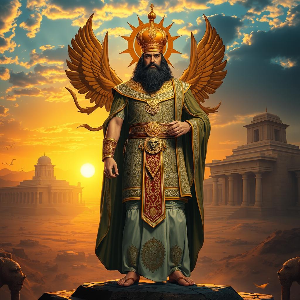 A majestic and powerful depiction of Cyrus the Great, the ancient Persian king, standing tall in royal attire with intricate patterns and gold embellishments