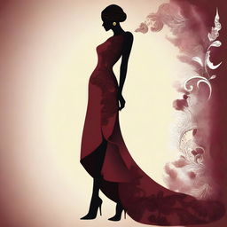 A digital art image of an attractive woman donning a chic burgundy dress that flatters her silhouette