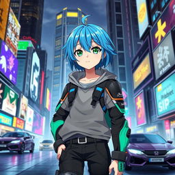 An anime character with vibrant blue hair and bright green eyes, wearing a futuristic outfit that merges casual streetwear with high-tech armor elements