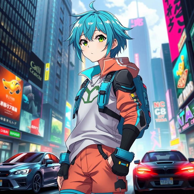 An anime character with vibrant blue hair and bright green eyes, wearing a futuristic outfit that merges casual streetwear with high-tech armor elements