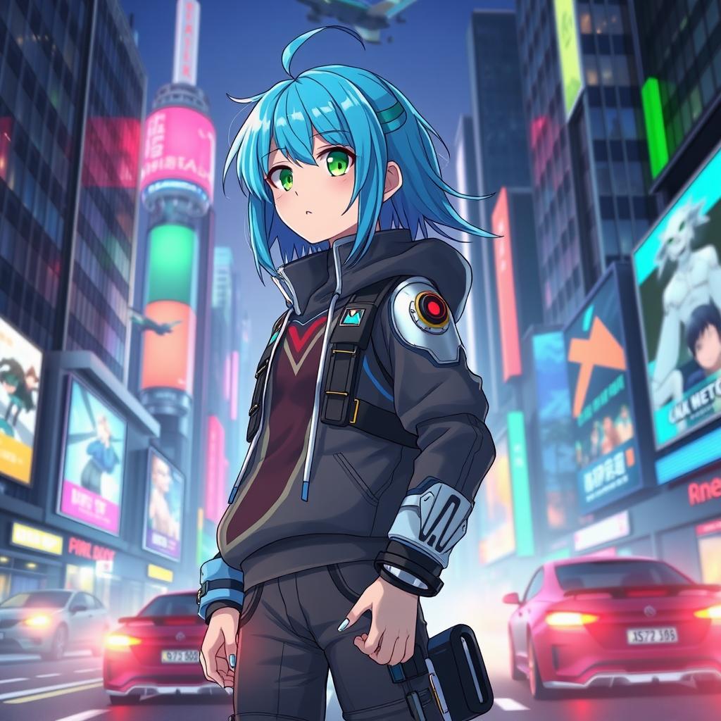 An anime character with vibrant blue hair and bright green eyes, wearing a futuristic outfit that merges casual streetwear with high-tech armor elements