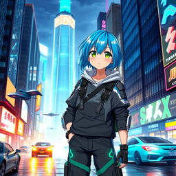 An anime character with vibrant blue hair and bright green eyes, wearing a futuristic outfit that merges casual streetwear with high-tech armor elements