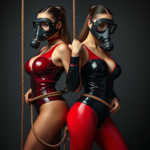 Two stunning slim women with voluptuous figures, elegantly dressed in tight shiny black and red latex suits that accentuate their curves