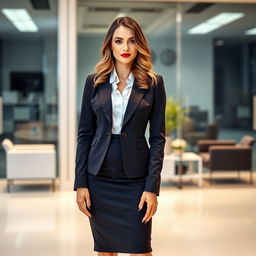 A beautiful woman standing confidently in formal attire, featuring a tailored blazer and elegant blouse, paired with a chic pencil skirt and high heels