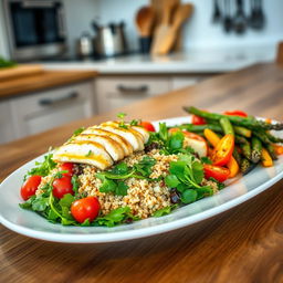 A vibrant, healthy European plate featuring a modern twist on traditional cuisine, showcasing a variety of fresh ingredients like colorful vegetables, lean proteins, and grains
