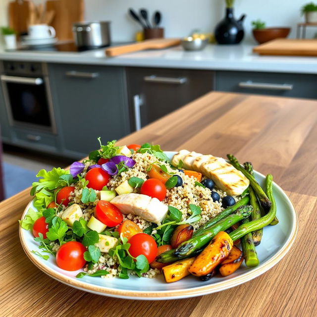 A vibrant, healthy European plate featuring a modern twist on traditional cuisine, showcasing a variety of fresh ingredients like colorful vegetables, lean proteins, and grains