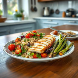 A vibrant, healthy European plate featuring a modern twist on traditional cuisine, showcasing a variety of fresh ingredients like colorful vegetables, lean proteins, and grains