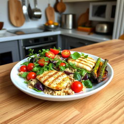 A vibrant, healthy European plate featuring a modern twist on traditional cuisine, showcasing a variety of fresh ingredients like colorful vegetables, lean proteins, and grains