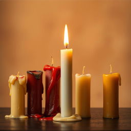 A dramatic still life scene featuring five candles arranged artistically