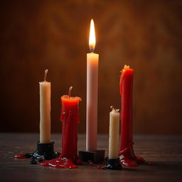 A dramatic still life scene featuring five candles arranged artistically