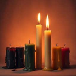 A dramatic still life scene featuring five candles arranged artistically