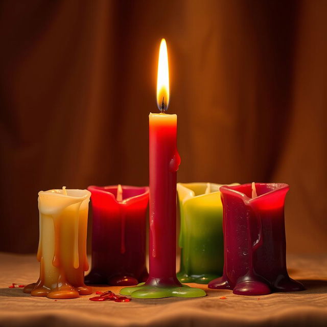 A dramatic still life scene featuring five candles arranged artistically