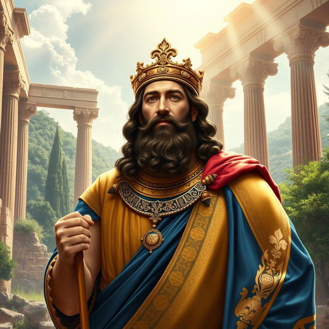 A regal portrayal of Cyrus the Great, the founding king of the Achaemenid Empire, depicted in rich historical attire with a gold and blue robe adorned with intricate Persian patterns