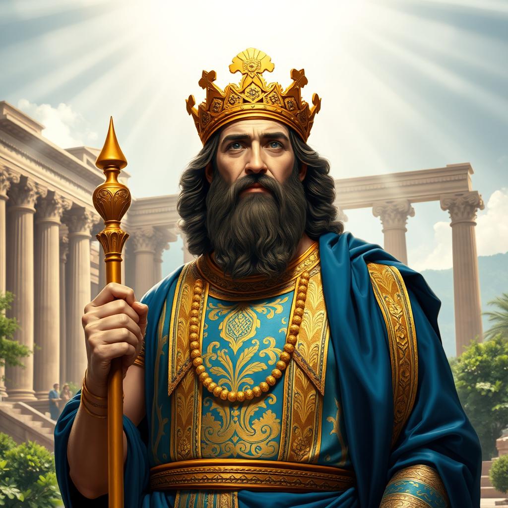 A regal portrayal of Cyrus the Great, the founding king of the Achaemenid Empire, depicted in rich historical attire with a gold and blue robe adorned with intricate Persian patterns