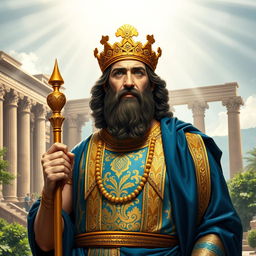 A regal portrayal of Cyrus the Great, the founding king of the Achaemenid Empire, depicted in rich historical attire with a gold and blue robe adorned with intricate Persian patterns