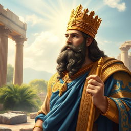 A regal portrayal of Cyrus the Great, the founding king of the Achaemenid Empire, depicted in rich historical attire with a gold and blue robe adorned with intricate Persian patterns