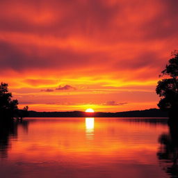 A vibrant, high-resolution image of a stunning sunset over a serene lake