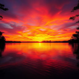 A vibrant, high-resolution image of a stunning sunset over a serene lake