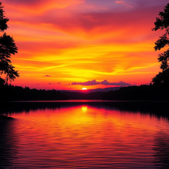 A vibrant, high-resolution image of a stunning sunset over a serene lake