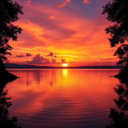 A vibrant, high-resolution image of a stunning sunset over a serene lake