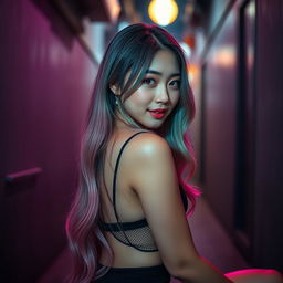 A beautiful Korean woman posing elegantly and alluringly, with long hair colored in shades of pink, green, and purple