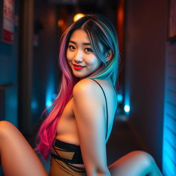 A beautiful Korean woman posing elegantly and alluringly, with long hair colored in shades of pink, green, and purple