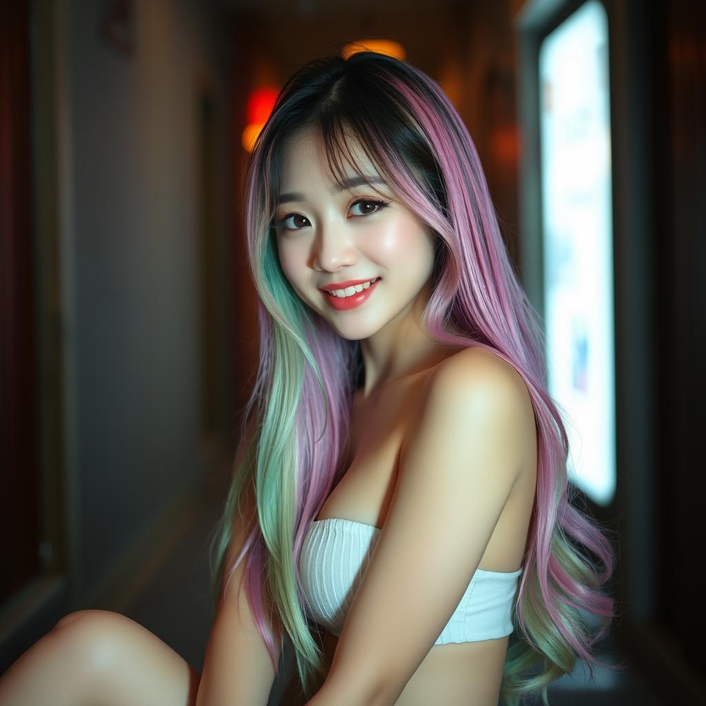 A beautiful Korean woman posing elegantly and alluringly, with long hair colored in shades of pink, green, and purple