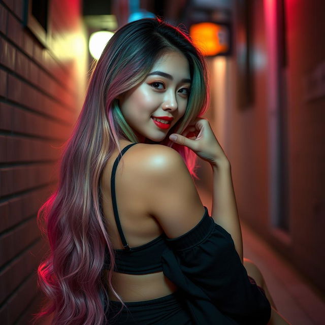 A beautiful Korean woman posing elegantly and alluringly, with long hair colored in shades of pink, green, and purple