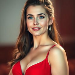 A beautiful 20-year-old woman, confidently facing the camera, dressed in a striking red outfit that accentuates her curves