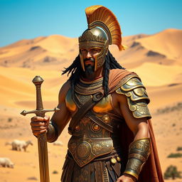 A majestic Achaemenid knight stands proudly, adorned in ornate armor that showcases intricate golden patterns, symbolizing wealth and power