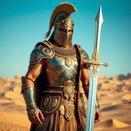 A majestic Achaemenid knight stands proudly, adorned in ornate armor that showcases intricate golden patterns, symbolizing wealth and power