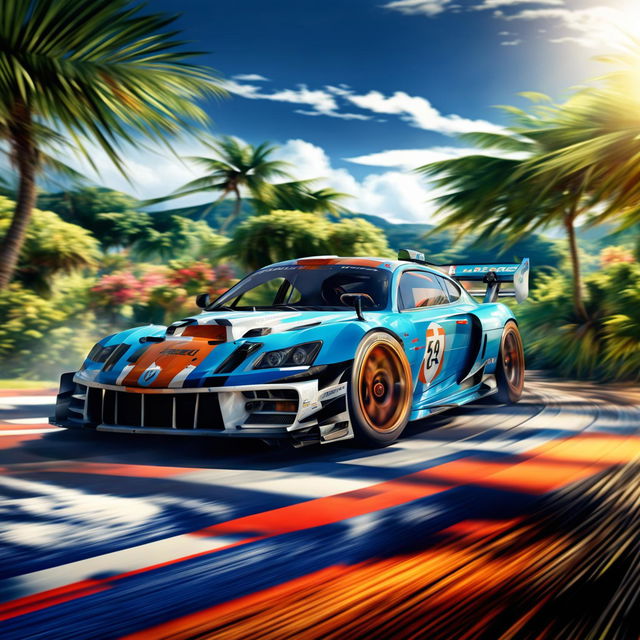 Digital art of a sleek, high-speed race car from Anguilla, painted in the colors of the island's flag, racing on a track surrounded by lush tropical vegetation